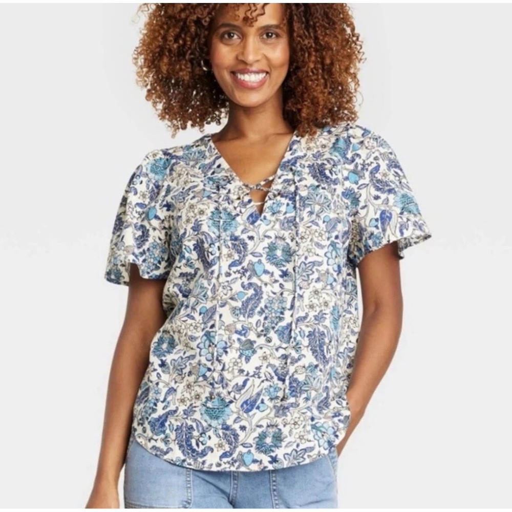 Knox Rose‎ Floral Blouse Women Large Blue Lace Up V-Neck Cotton Boho Cottagecore